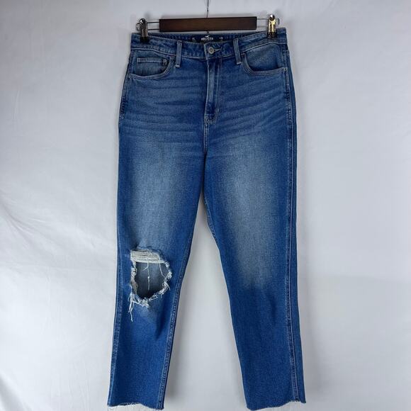 Hollister Women's Jeans Size 7s Ultra High Rise Mom Blue Distress Denim - Picture 1 of 8